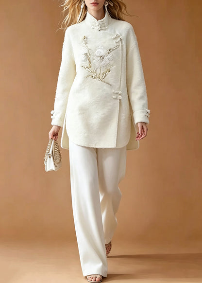 Chinese Style White Embroidered Button Side Open Shirts And Straight Pants Two Pieces Set Long Sleeve