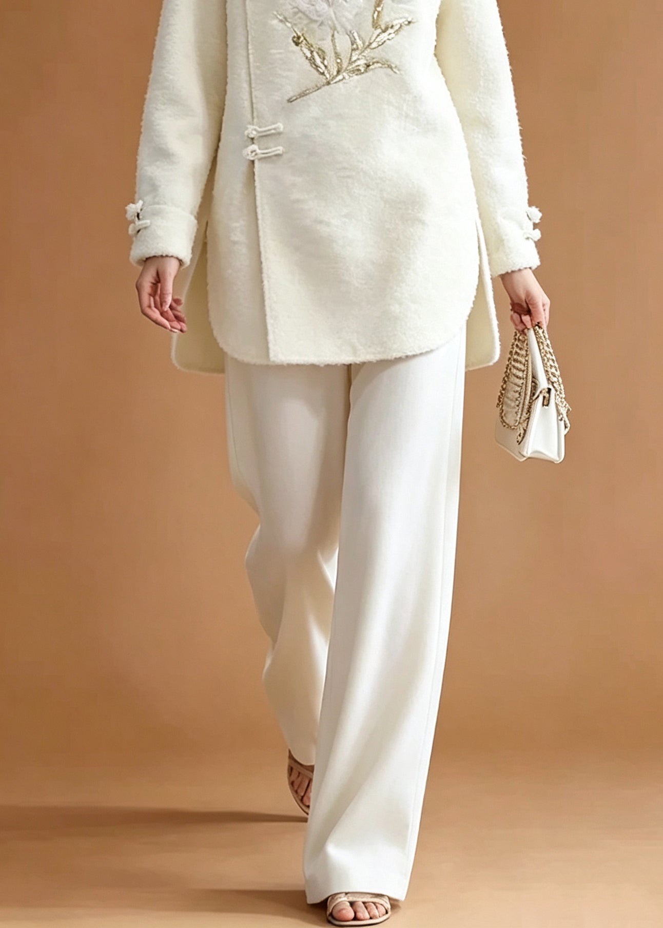 Chinese Style White Embroidered Button Side Open Shirts And Straight Pants Two Pieces Set Long Sleeve