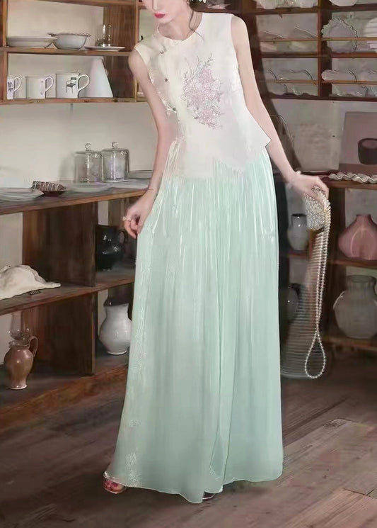 Chinese Style White Embroidered Nail bead Two Pieces Set Sleeveless