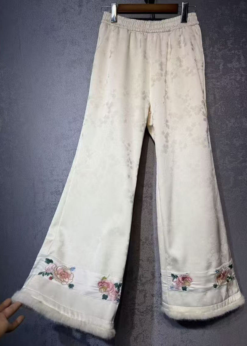 Chinese Style White Embroidered Warm Fleece Wide Leg Pants