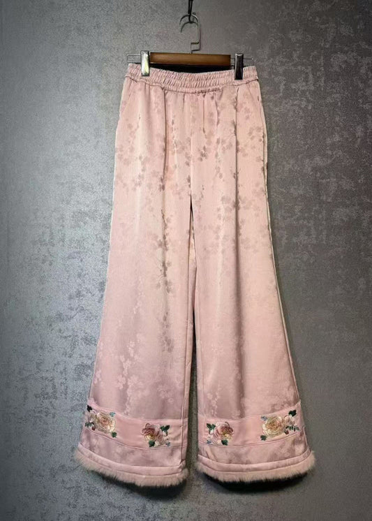 Chinese Style White Embroidered Warm Fleece Wide Leg Pants