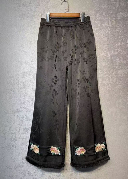 Chinese Style White Embroidered Warm Fleece Wide Leg Pants
