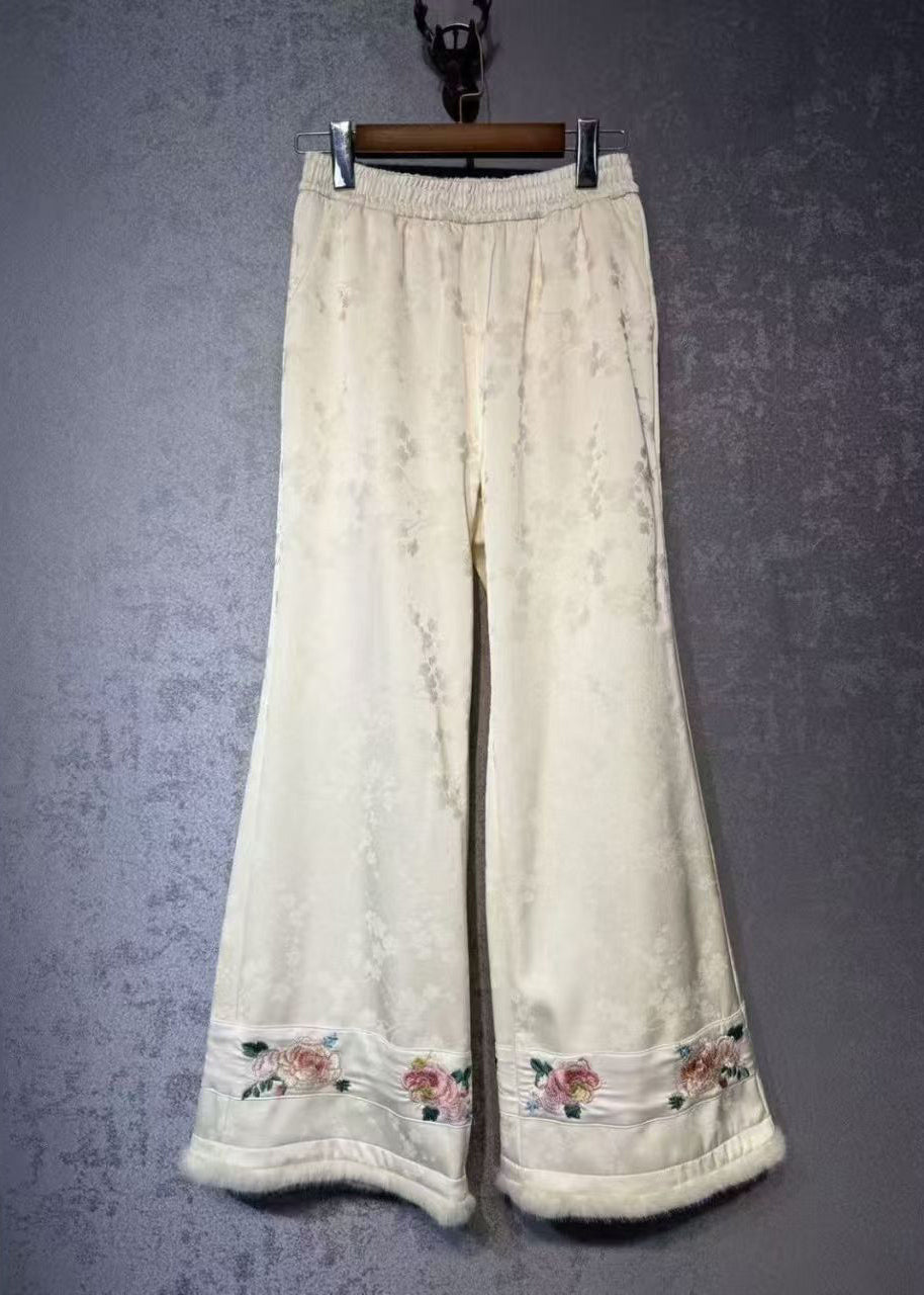 Chinese Style White Embroidered Warm Fleece Wide Leg Pants