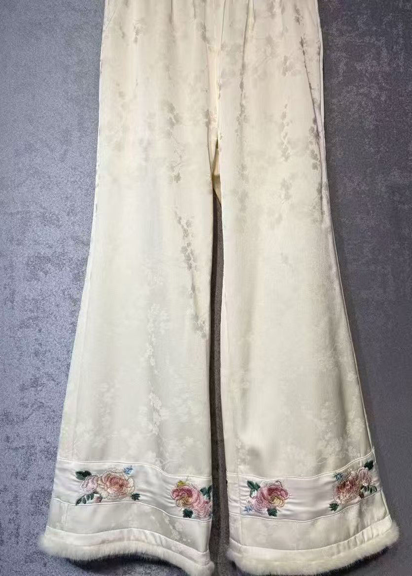 Chinese Style White Embroidered Warm Fleece Wide Leg Pants