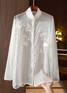 Chinese Style White Embroidered Button Patchwork Tulle Shirt Tops Long Sleeve