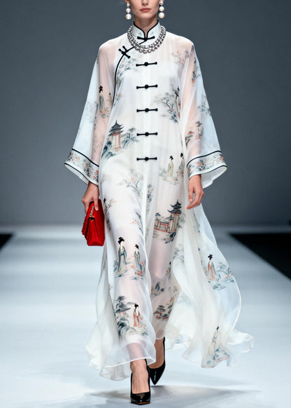 Chinese Style White Print Draping Chiffon Long Dress Summer