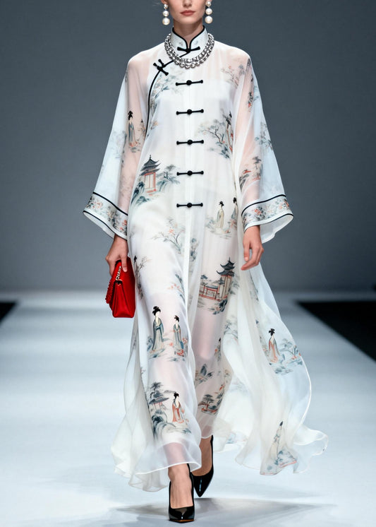 Chinese Style White Print Draping Chiffon Long Dress Summer
