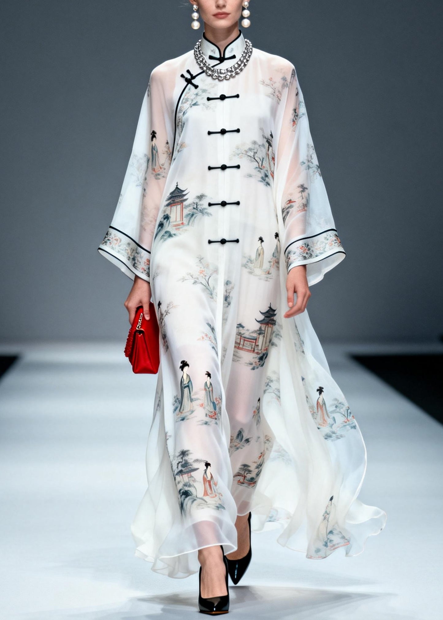 Chinese Style White Print Draping Chiffon Long Dress Summer
