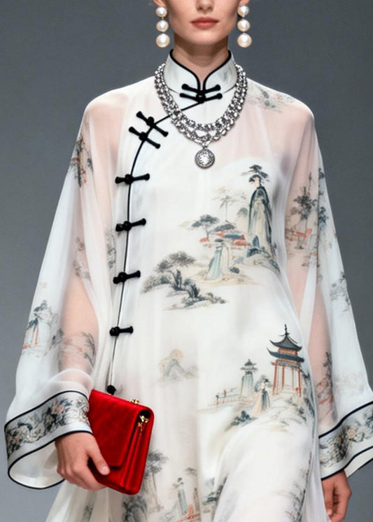 Chinese Style White Print Exra Large Hem Chiffon Dresses Summer