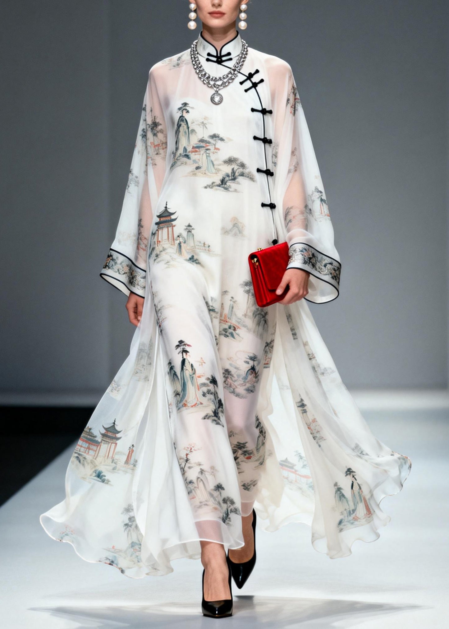 Chinese Style White Print Exra Large Hem Chiffon Dresses Summer