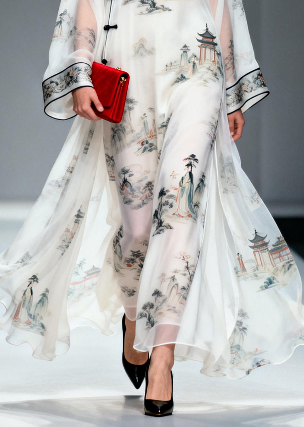 Chinese Style White Print Exra Large Hem Chiffon Dresses Summer
