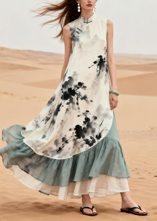 Chinese Style White Print Patchwork Cotton Maxi Dresses Summer