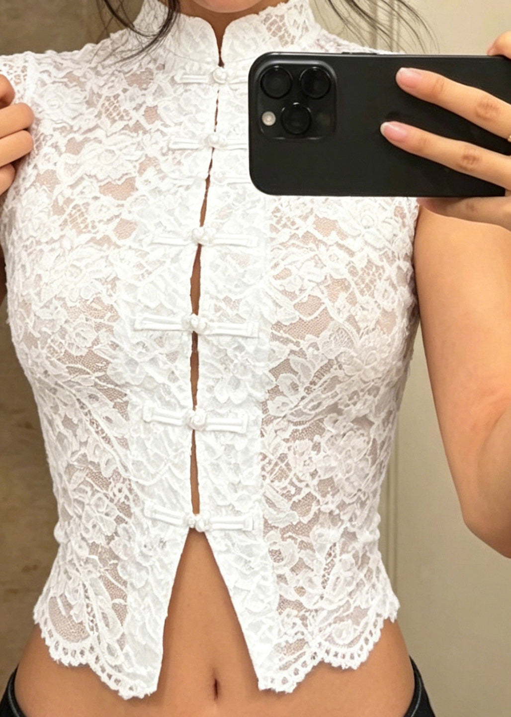 Chinese Style White Stand Collar Button Lace Shirt Sleeveless