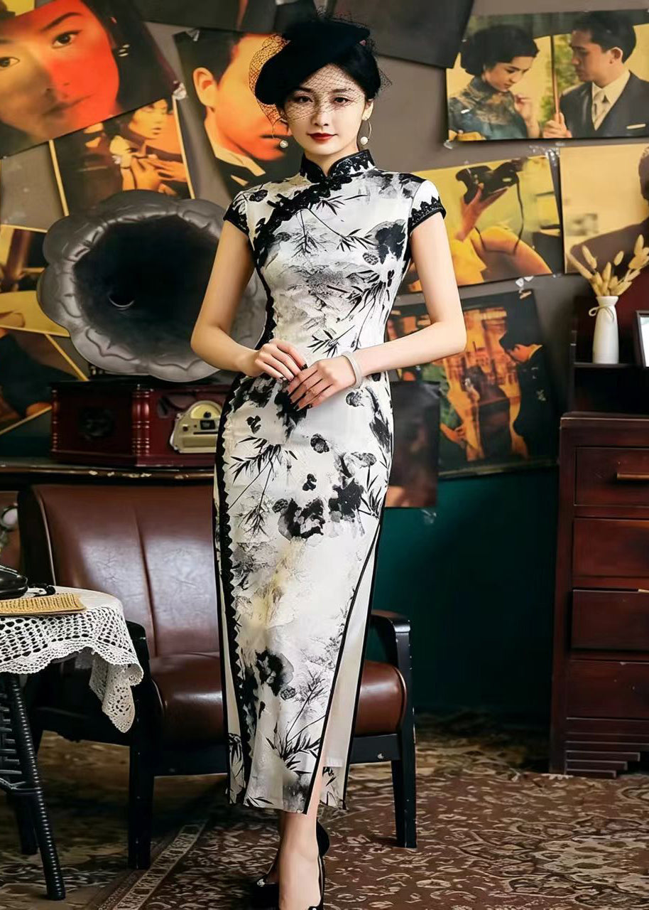 Chinese Style White Stand Collar Ink Painting Side Open Dress Summer