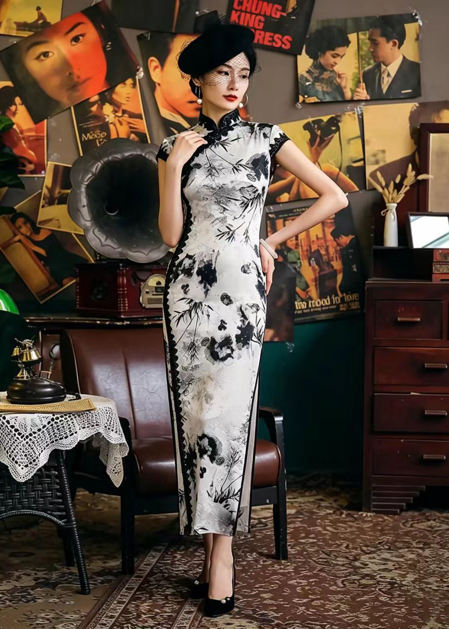 Chinese Style White Stand Collar Ink Painting Side Open Dress Summer