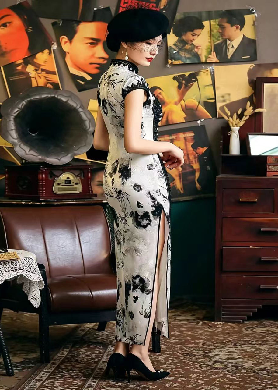 Chinese Style White Stand Collar Ink Painting Side Open Dress Summer