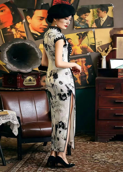 Chinese Style White Stand Collar Ink Painting Side Open Dress Summer