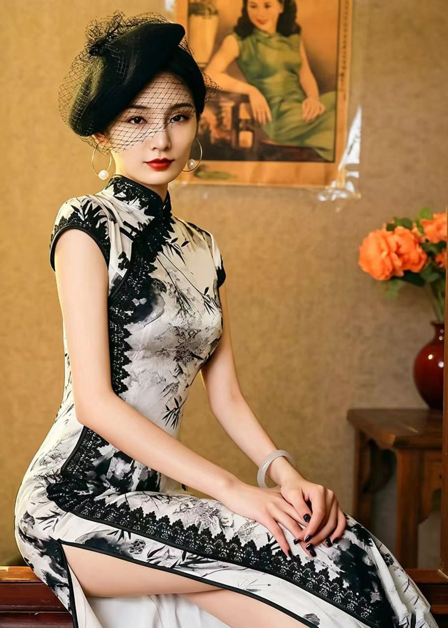 Chinese Style White Stand Collar Ink Painting Side Open Dress Summer