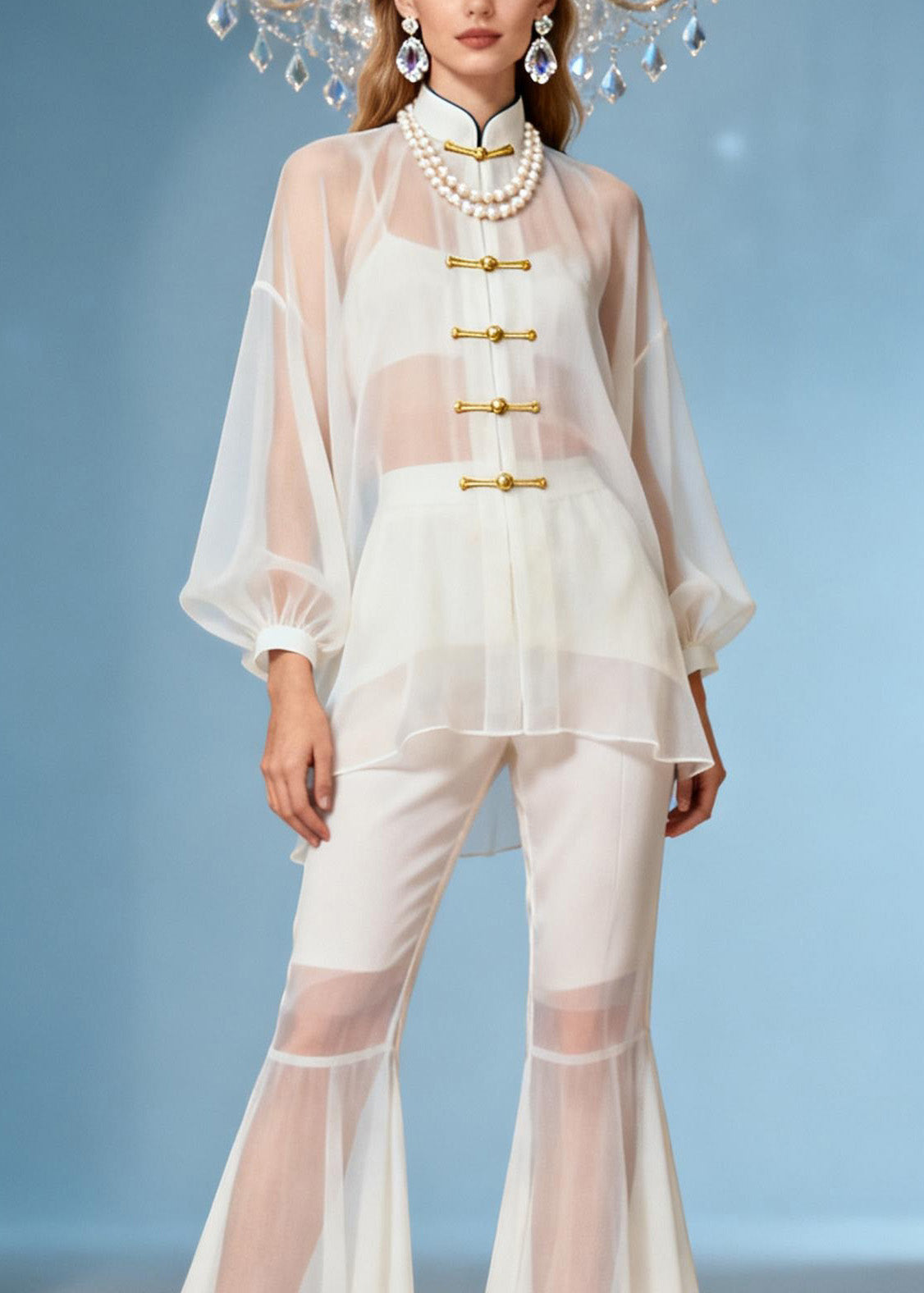 Chinese Style White Stand Collar Oriental Button Silk Set Summer