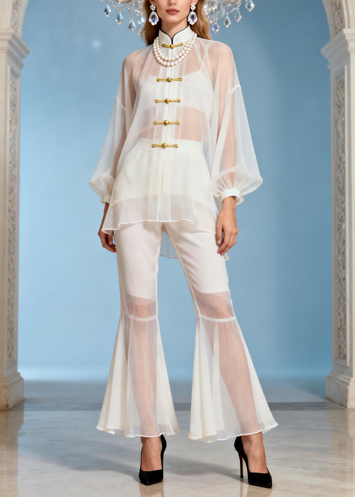 Chinese Style White Stand Collar Oriental Button Silk Set Summer