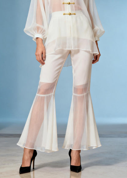 Chinese Style White Stand Collar Oriental Button Silk Set Summer