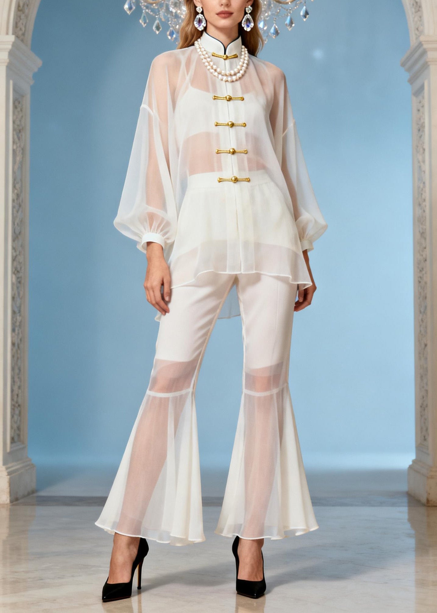 Chinese Style White Stand Collar Oriental Button Silk Set Summer