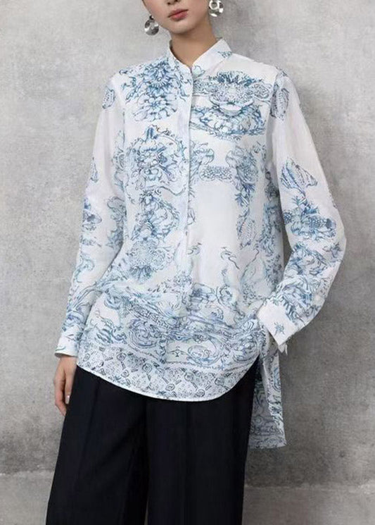 Chinese Style White Stand Collar Print Shirt Spring