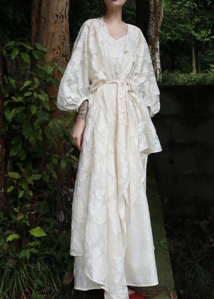 Chinese Style White V Neck Button Long Cardigans And Maxi Spaghetti Stra Sundress Two Pieces Set Fall