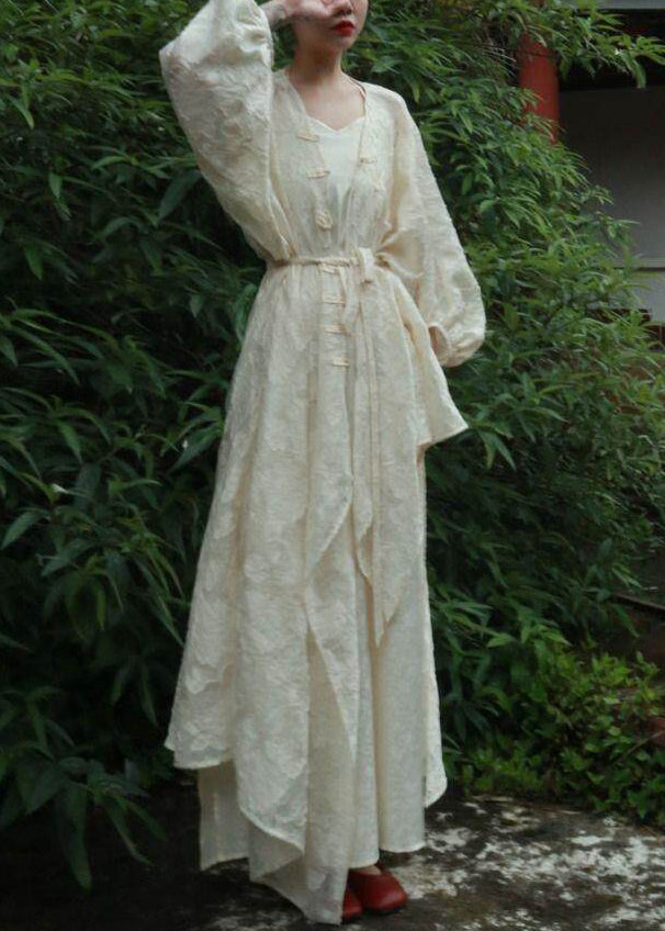 Chinese Style White V Neck Button Long Cardigans And Maxi Spaghetti Stra Sundress Two Pieces Set Fall
