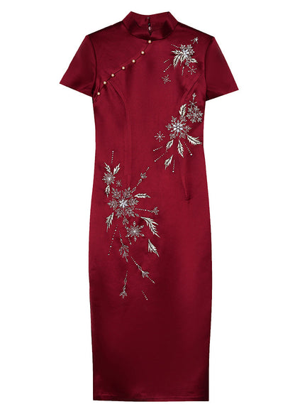 Chinese Style Wine Red Stand Collar Zircon Side Open Silk Dresses Summer