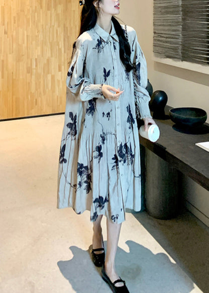 Chinese Style Wrinkled Print Button Collar Long Dresses Lantern Sleeve
