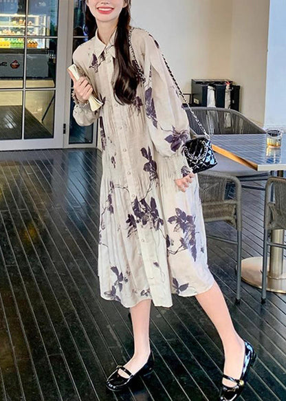 Chinese Style Wrinkled Print Button Collar Long Dresses Lantern Sleeve
