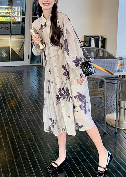 Chinese Style Wrinkled Print Button Collar Long Dresses Lantern Sleeve