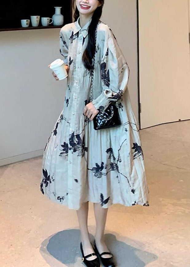 Chinese Style Wrinkled Print Button Collar Long Dresses Lantern Sleeve