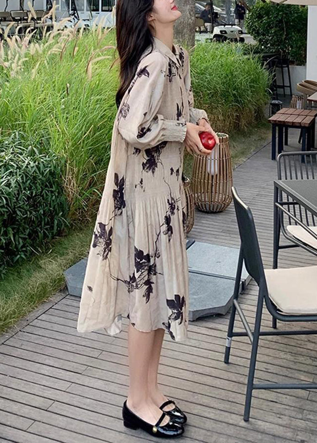 Chinese Style Wrinkled Print Button Collar Long Dresses Lantern Sleeve