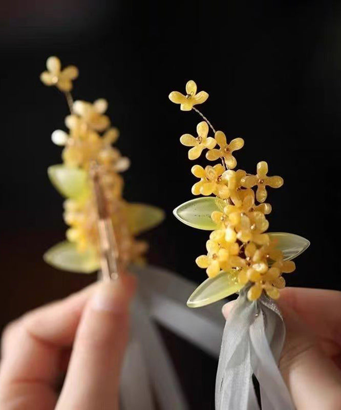 Chinese Style Yellow Alloy Tulle Osmanthus Ribbon A Pair Hairpin