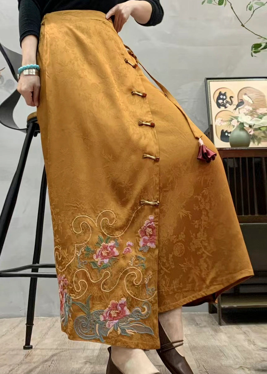 Chinese Style Yellow Embroidered Pockets Silk Skirt Fall