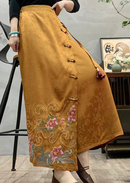 Chinese Style Yellow Embroidered Pockets Silk Skirt Fall
