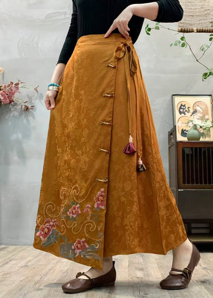 Chinese Style Yellow Embroidered Pockets Silk Skirt Fall