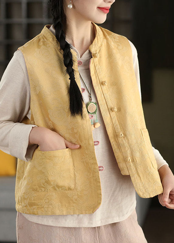 Chinese Style Yellow Embroidered Pockets Waistcoat Sleeveless