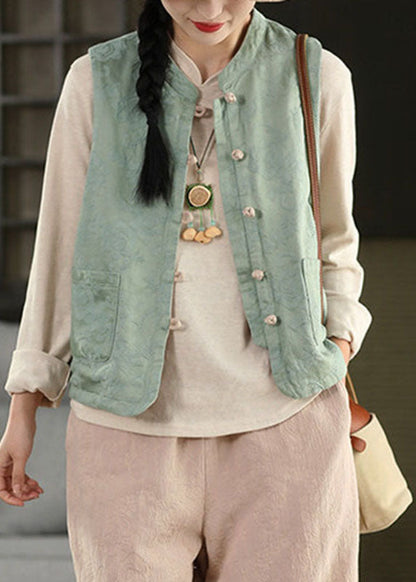 Chinese Style Yellow Embroidered Pockets Waistcoat Sleeveless