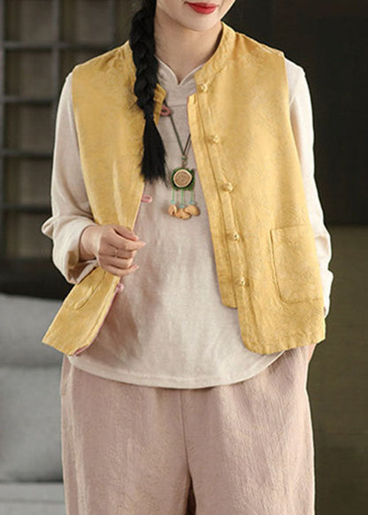 Chinese Style Yellow Embroidered Pockets Waistcoat Sleeveless
