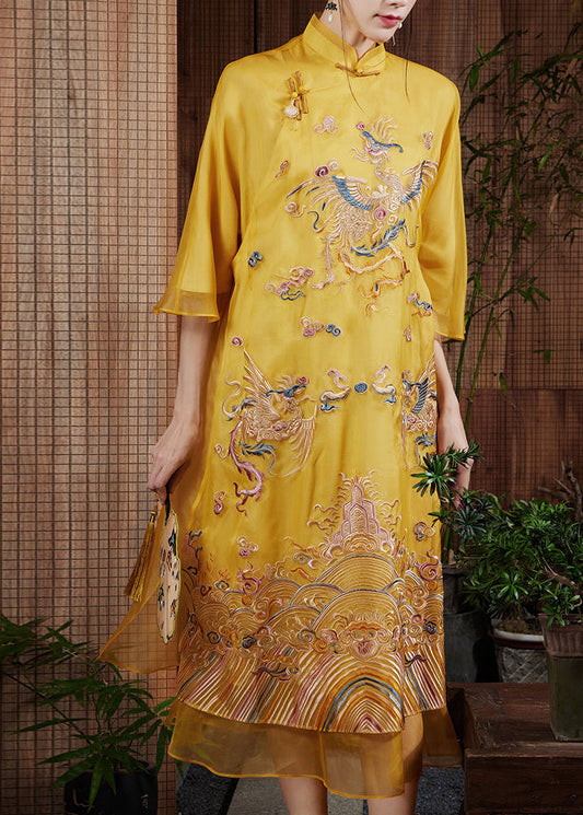 Chinese Style Yellow Embroidered Silk Long Dress Summer