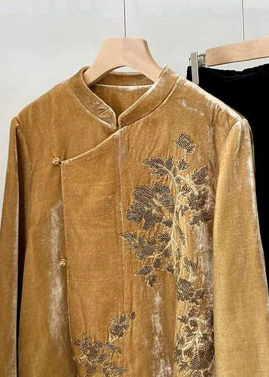 Chinese Style Yellow Embroidered Tulle Patchwork Silk Velvet Coats Flare Sleeve