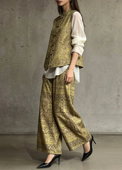 Chinese Style Yellow Green Oriental Button Print Silk Set Autumn