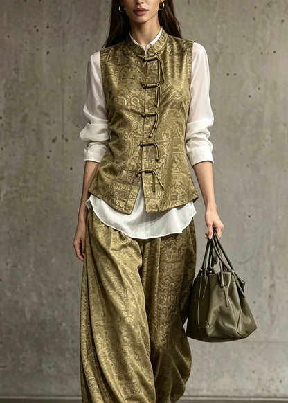 Chinese Style Yellow Green Oriental Button Print Silk Set Autumn