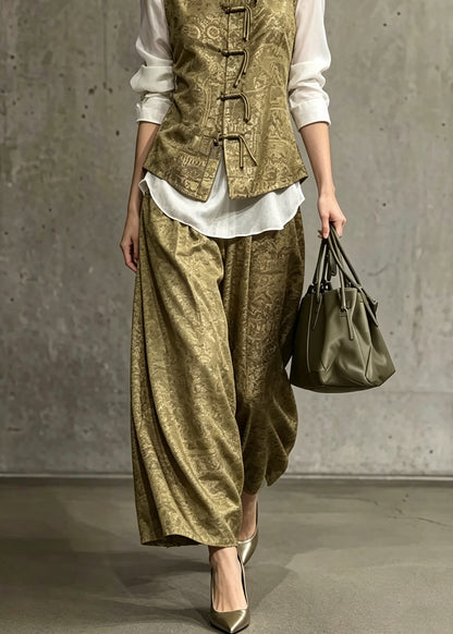 Chinese Style Yellow Green Oriental Button Print Silk Set Autumn