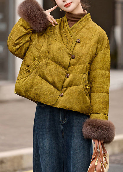 Chinese Style Yellow Jacquard Fur Patchwork Duck Down Coat Winter
