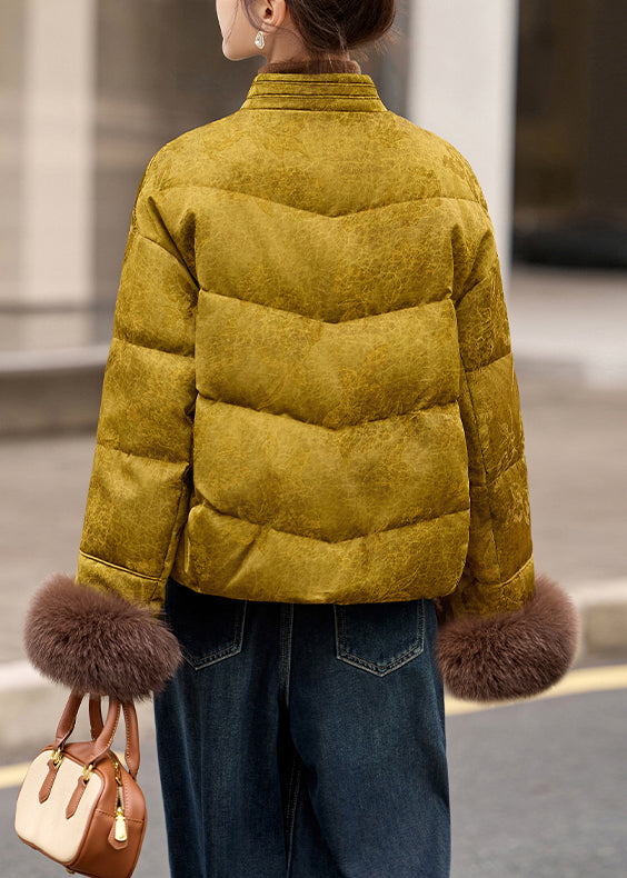 Chinese Style Yellow Jacquard Fur Patchwork Duck Down Coat Winter