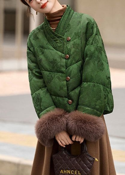 Chinese Style Yellow Jacquard Fur Patchwork Duck Down Coat Winter